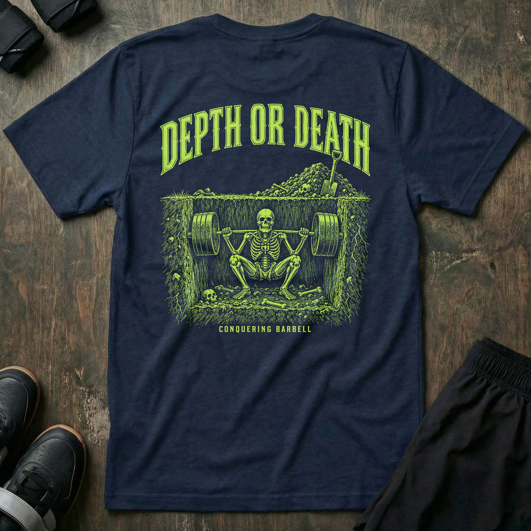 Depth or Death tee in Navy: a skeleton buried beneath the surface
