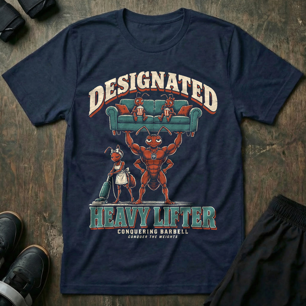 Designated Heavy Lifter - Tee front graphic in Navy with a muscular ant dad lifting a couch overhead with two young ants eating popcorn on it while another ant vacuums below - Conquering Barbell