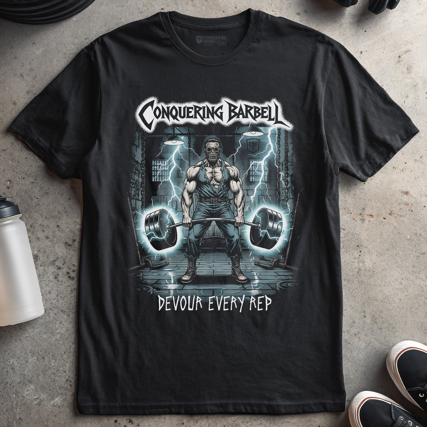 Devour Every Rep - on Black Tee - Conquering Barbell
