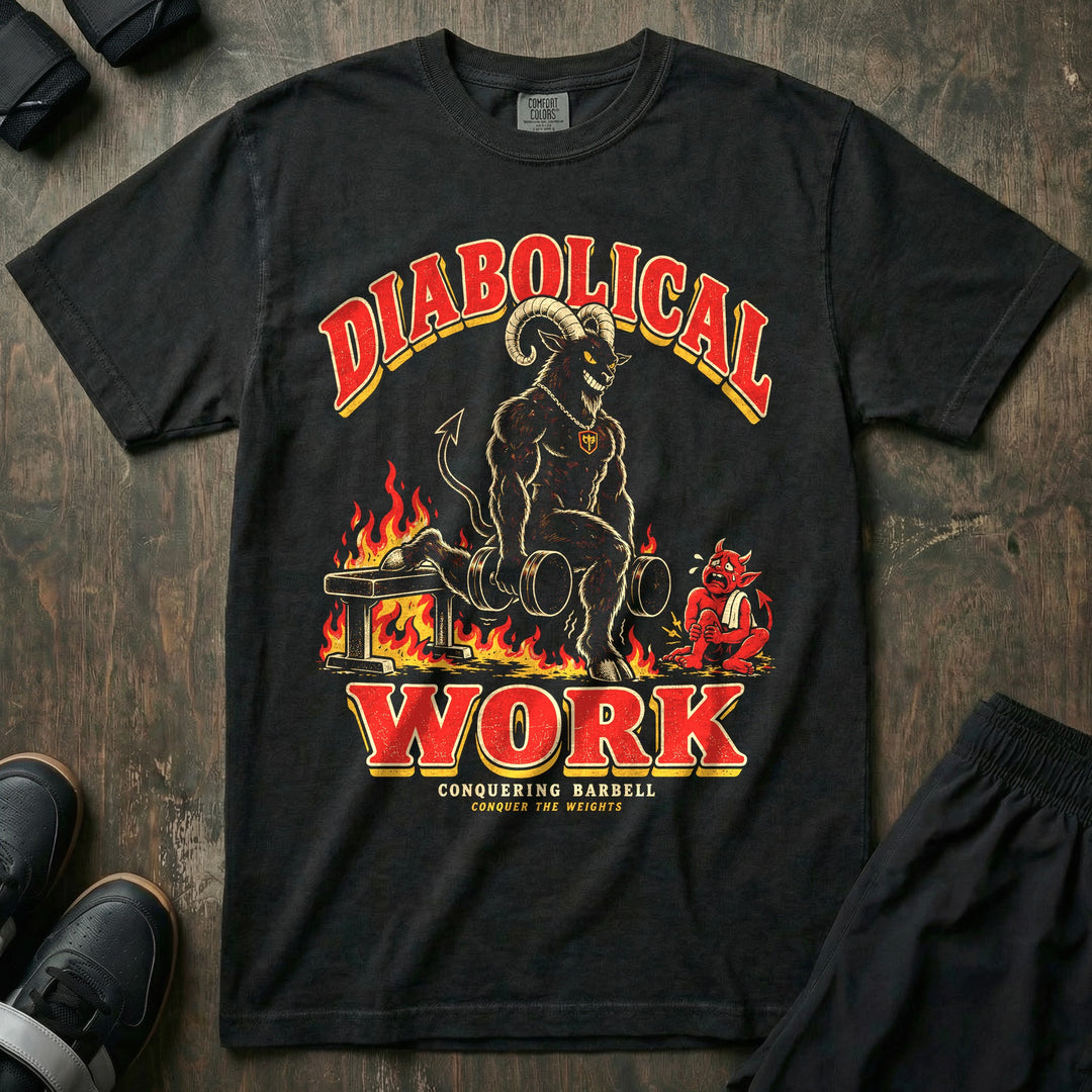 Diabolical Work - Relaxed Fit Tee front graphic in Black with a horned goat demon doing Bulgarian split squats on a flaming bench - Conquering Barbell