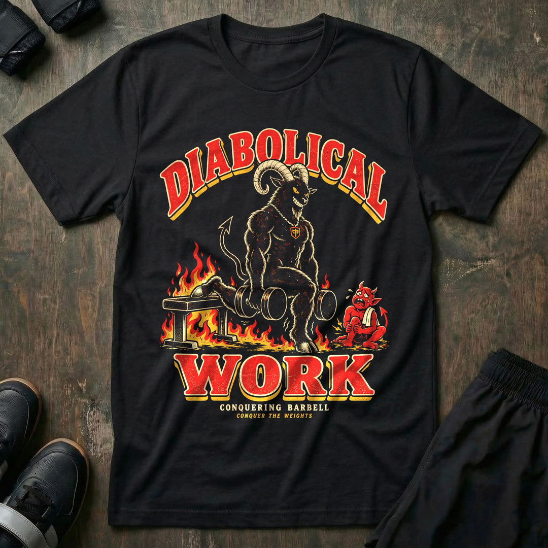 Diabolical Work - Tee front graphic in Black with a horned goat demon doing Bulgarian split squats on a flaming bench - Conquering Barbell