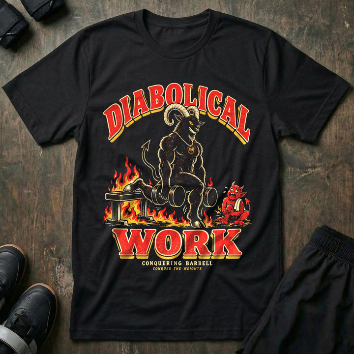 Diabolical Work - Tee front graphic in Black with a horned goat demon doing Bulgarian split squats on a flaming bench - Conquering Barbell