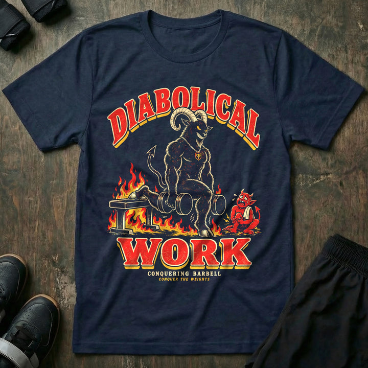 Diabolical Work - Tee front graphic in Navy with a horned goat demon doing Bulgarian split squats on a flaming bench - Conquering Barbell