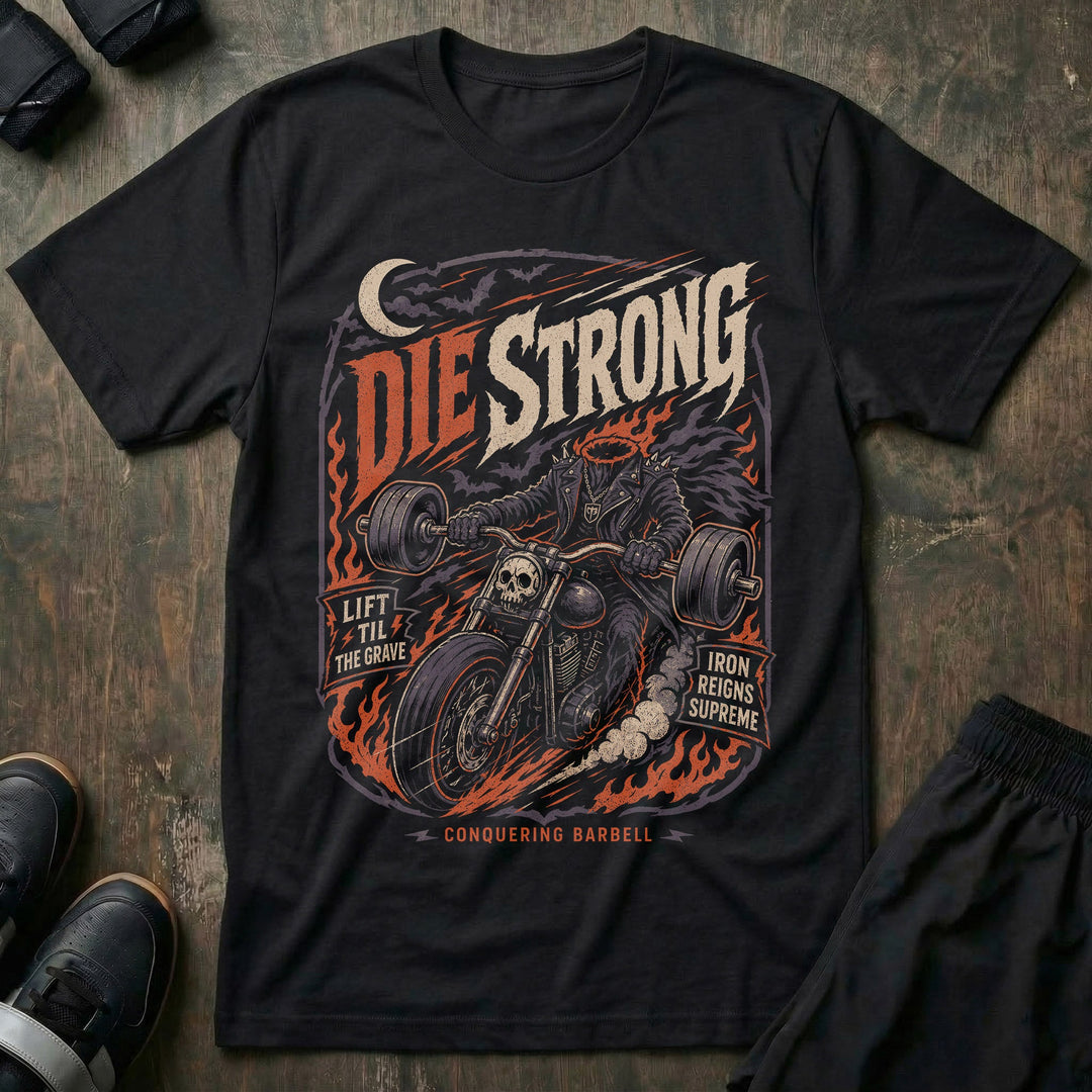 Die Strong - Headliess Biker - on Black Tee - Conquering Barbell