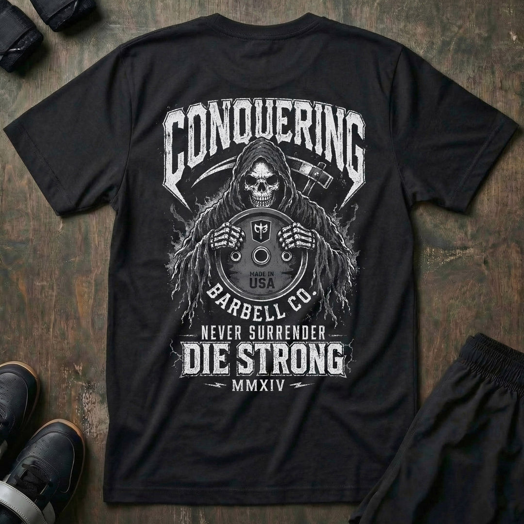 Die Strong V2 tee in Black: a hooded reaper gripping a Made in USA weight plate stamped with the CB shield