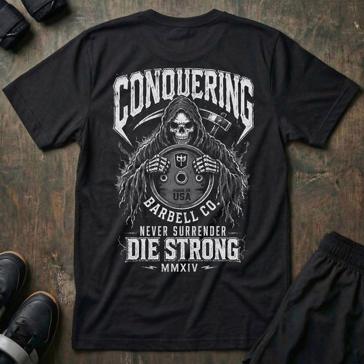 Die Strong V2 tee in Black: a hooded reaper gripping a Made in USA weight plate stamped with the CB shield