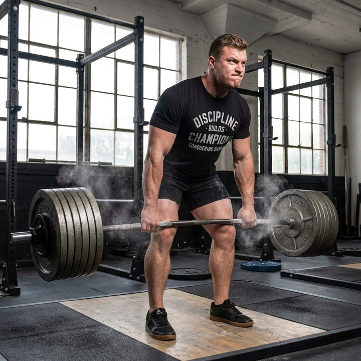 Discipline Builds Champions tee in Black: DISCIPLINE arched over BUILDS and CHAMPIONS in distressed collegiate letters