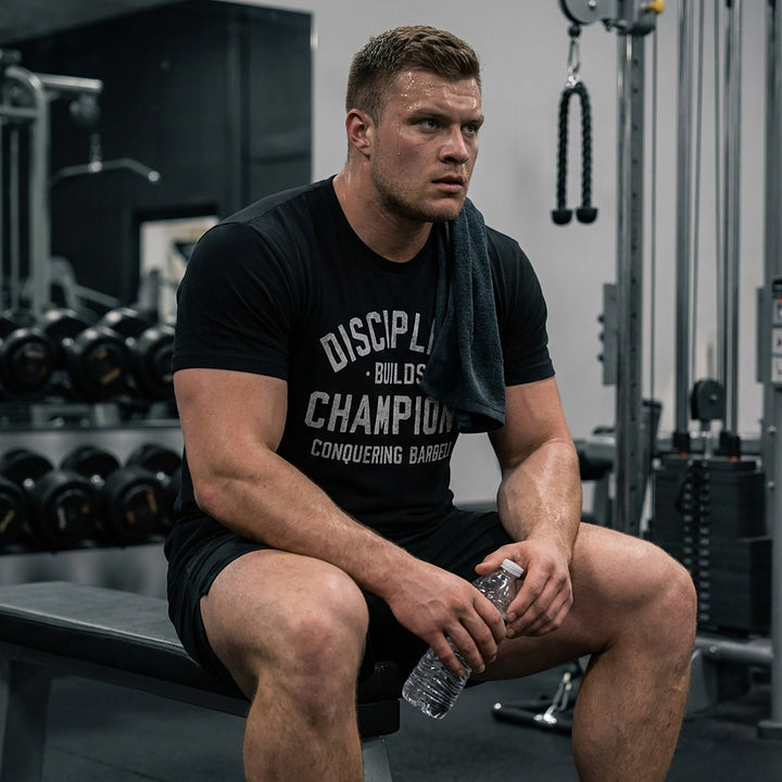 Discipline Builds Champions tee in Black: DISCIPLINE arched over BUILDS and CHAMPIONS in distressed collegiate letters