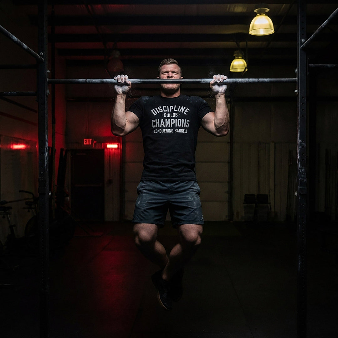 Discipline Builds Champions tee in Black: DISCIPLINE arched over BUILDS and CHAMPIONS in distressed collegiate letters