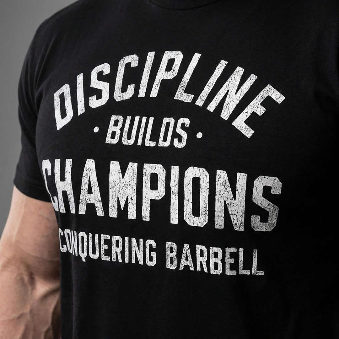 Discipline Builds Champions tee in Black: DISCIPLINE arched over BUILDS and CHAMPIONS in distressed collegiate letters
