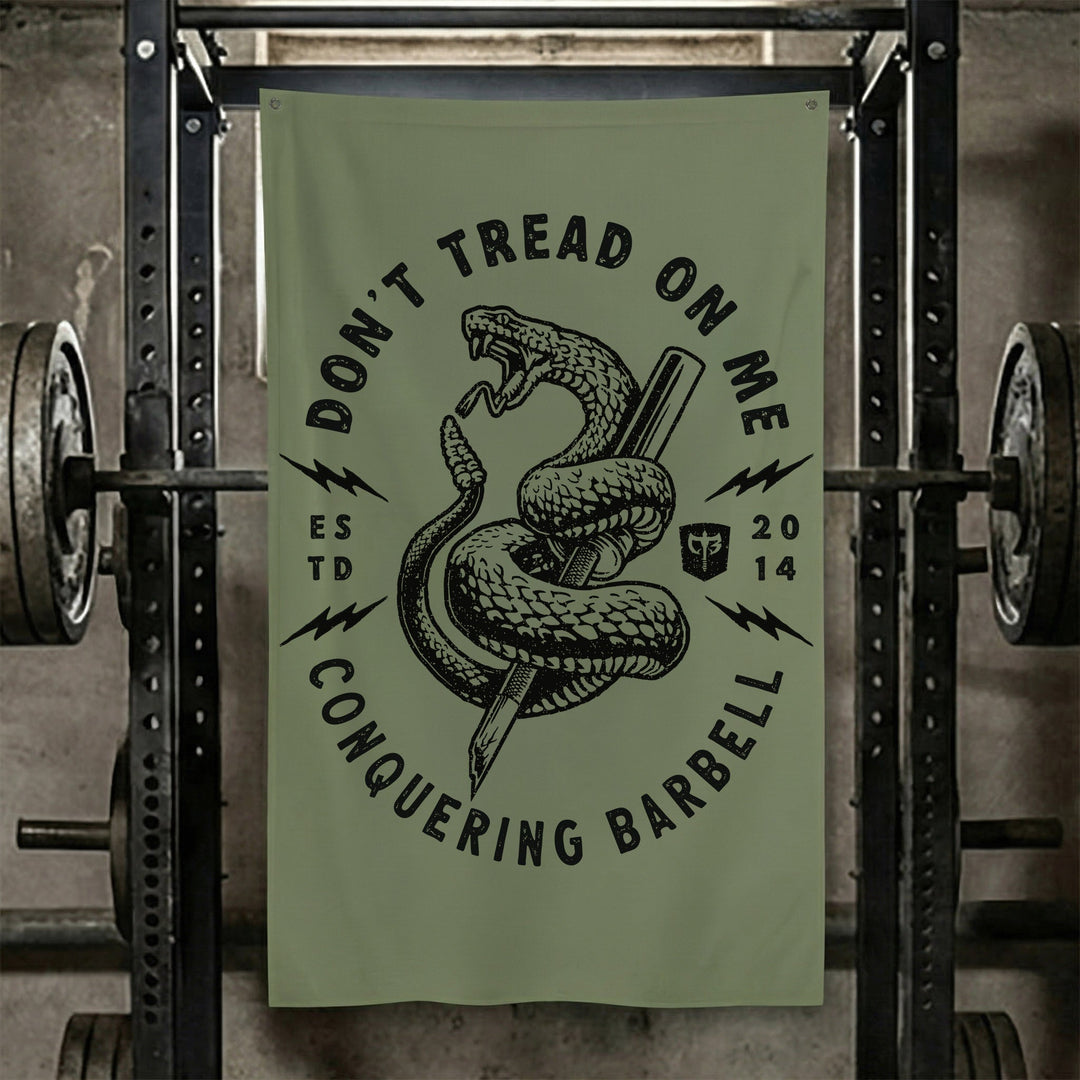 Don't Tread on Me (Version 2) - Military - Polyester Flag, vertical military green gym flag with coiled rattlesnake around a barbell in a round badge - Conquering Barbell