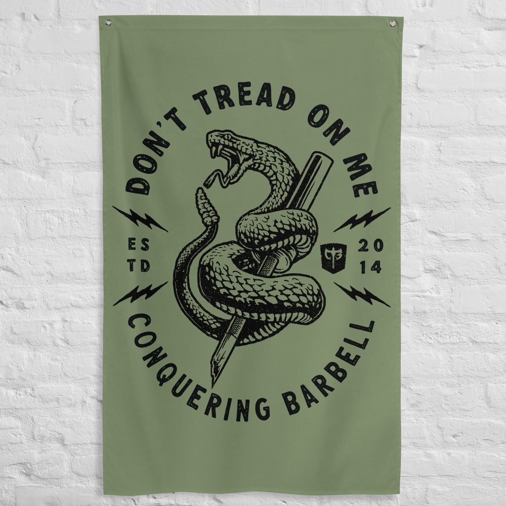 Don't Tread on Me (Version 2) - Military - Polyester Flag, vertical gym flag hanging in a home gym - Conquering Barbell