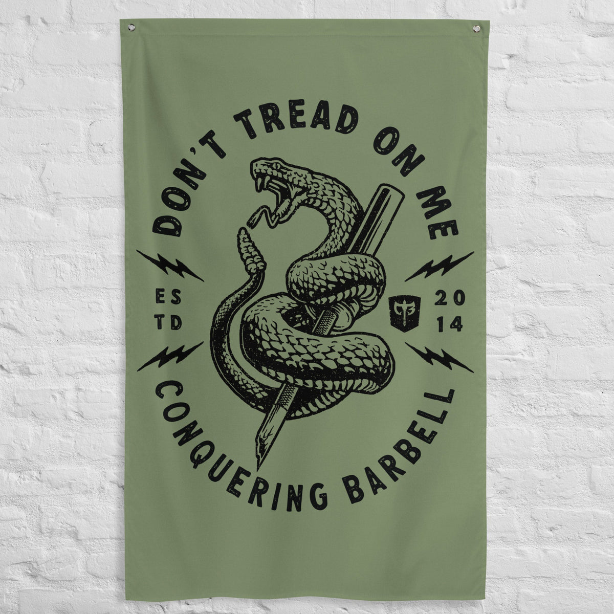 Don't Tread on Me (Version 2) - Military - Polyester Flag, vertical gym flag hanging in a home gym - Conquering Barbell