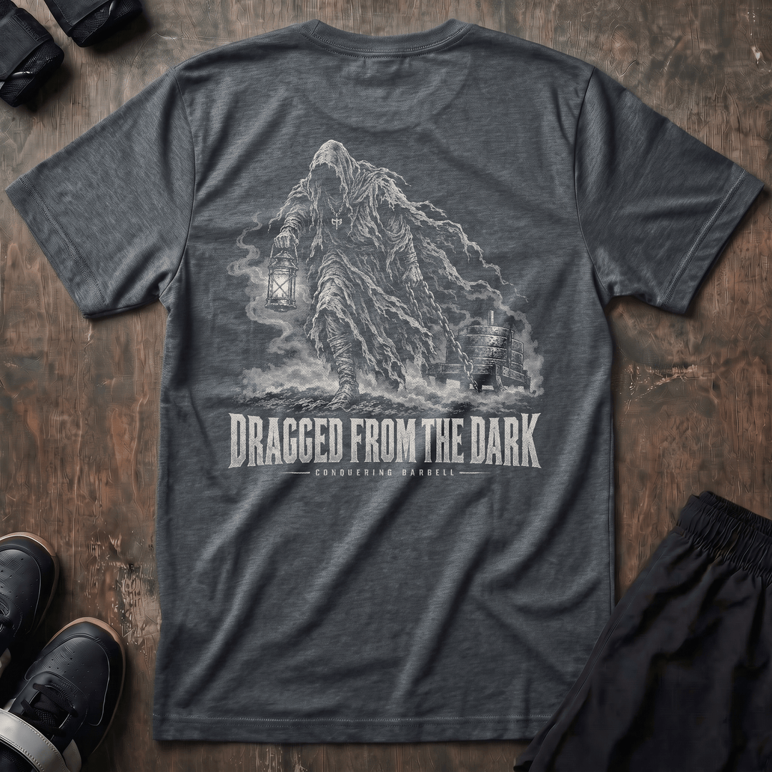 Dragged from the Dark tee in Heather Heavy Metal: a faceless hooded figure carrying a smoking lantern