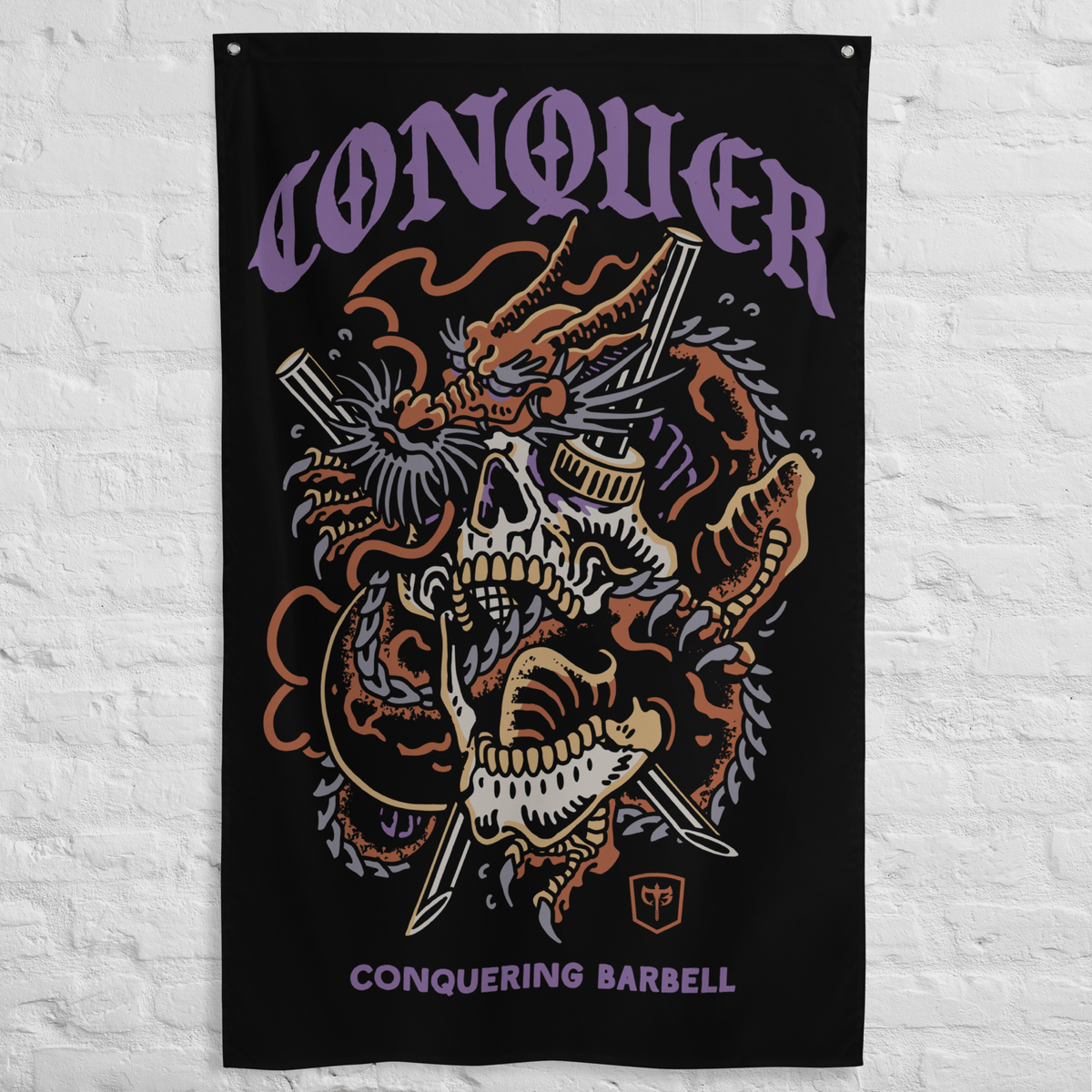 Dragon Skull - Polyester Flag, vertical gym flag hanging in a home gym - Conquering Barbell