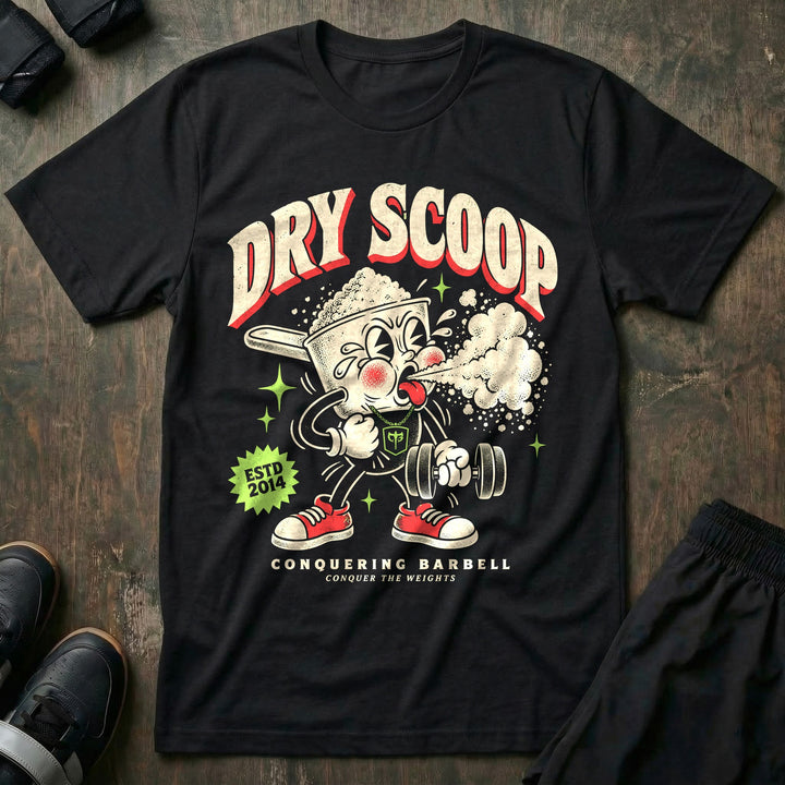 Dry Scoop - Tee front graphic in Black with a pre-workout scoop mascot coughing out a cloud of powder - Conquering Barbell