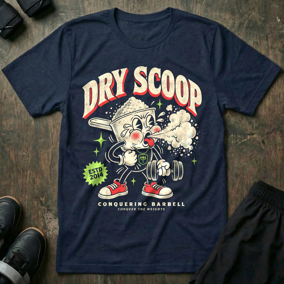 Dry Scoop - Tee front graphic in Navy with a pre-workout scoop mascot coughing out a cloud of powder - Conquering Barbell
