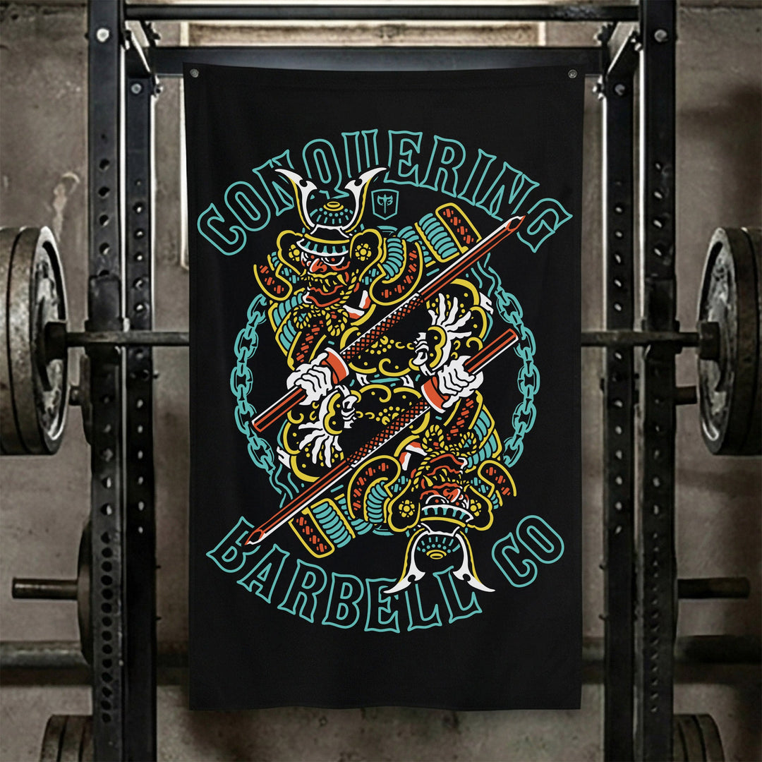 Dual Samurai - Polyester Flag, vertical black gym flag with two samurai crossing katanas inside a ring of chain - Conquering Barbell