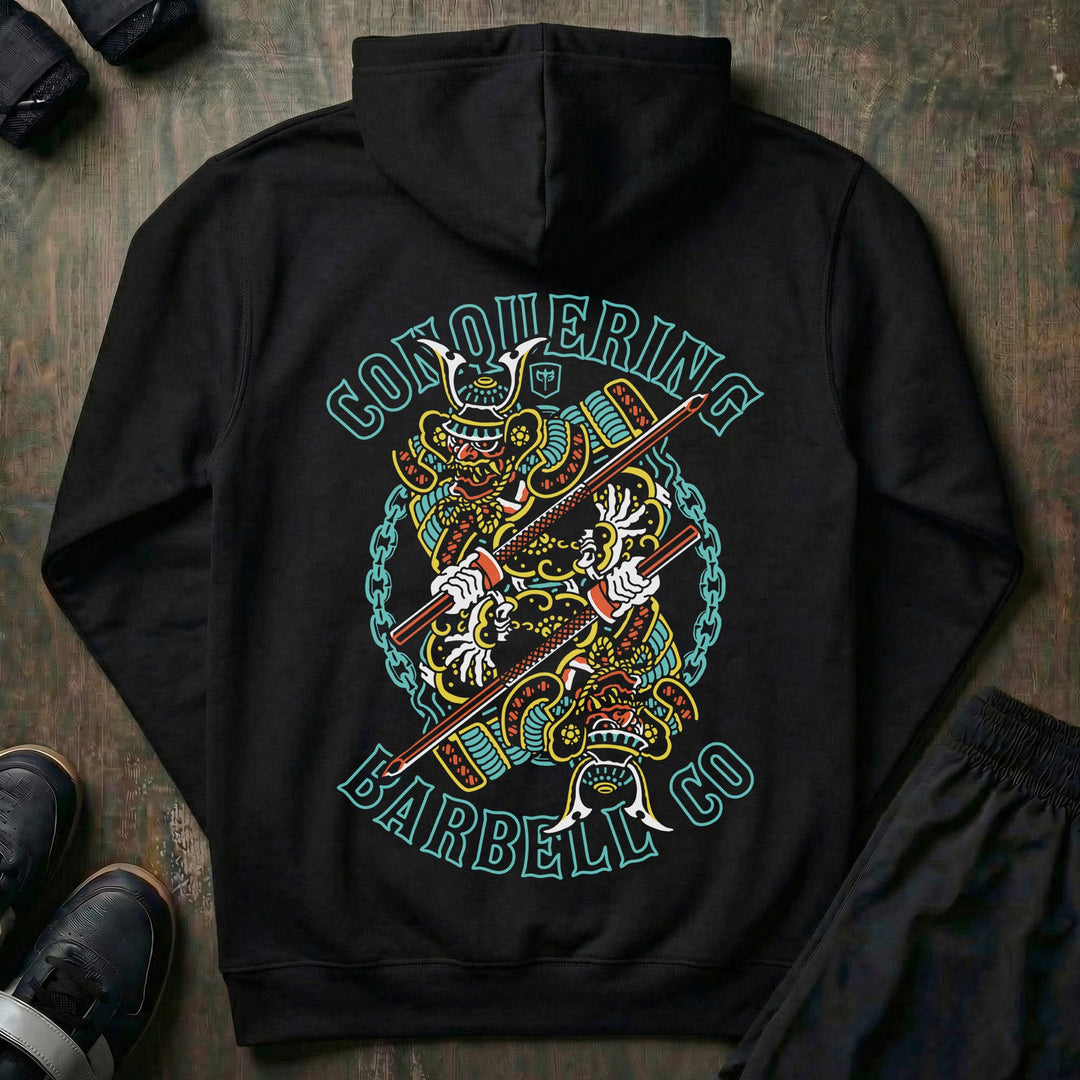 Dual Samurai - on Black Pullover Hoodie - Conquering Barbell