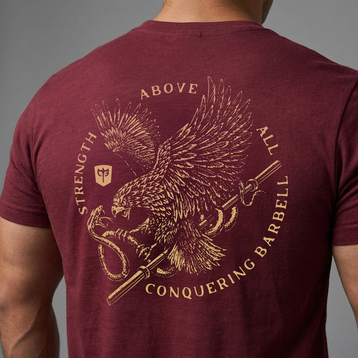 Eagle Vs Snake - on Maroon Tee - Conquering Barbell