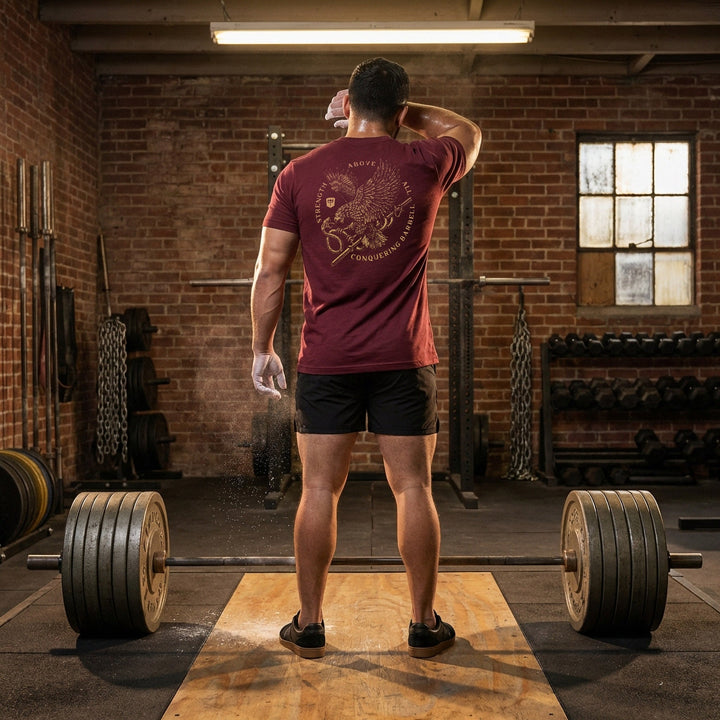 Eagle Vs Snake - on Maroon Tee - Conquering Barbell