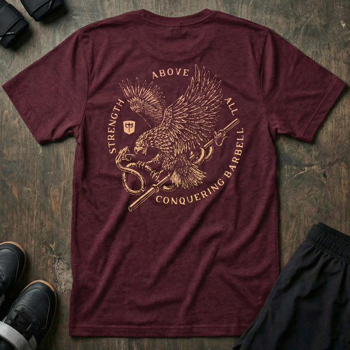 Eagle Vs Snake - on Maroon Tee - Conquering Barbell