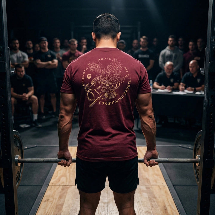 Eagle Vs Snake - on Maroon Tee - Conquering Barbell