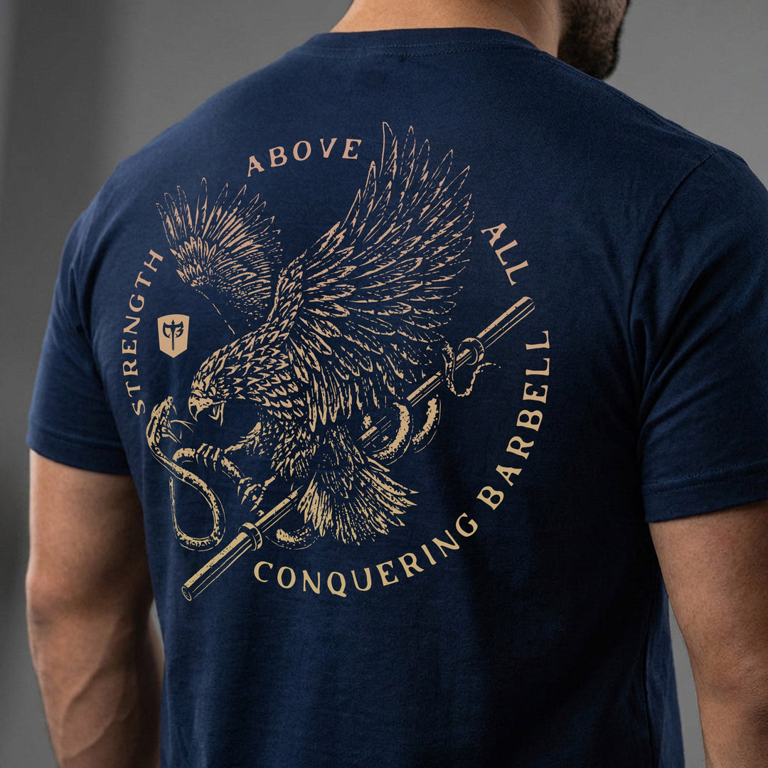 Eagle Vs Snake - on Navy Tee - Conquering Barbell