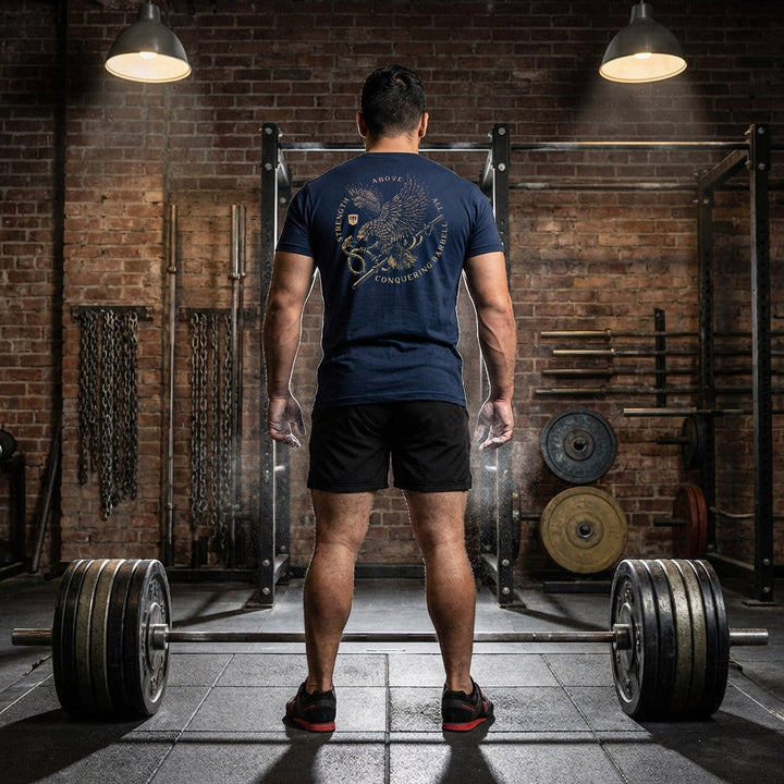 Eagle Vs Snake - on Navy Tee - Conquering Barbell