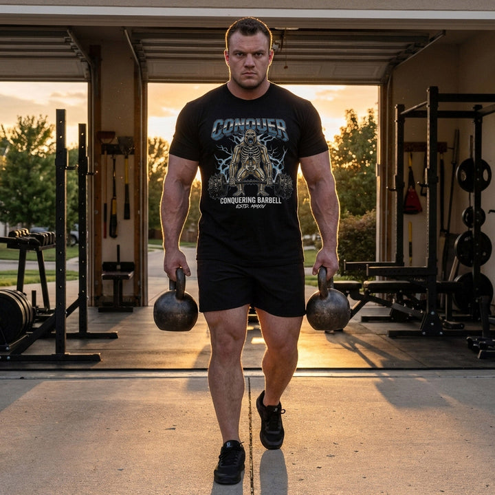 Electric Gorilla tee in Black: a skeleton gorilla locked in at the top of a deadlift with a spiked barbell loaded heavy