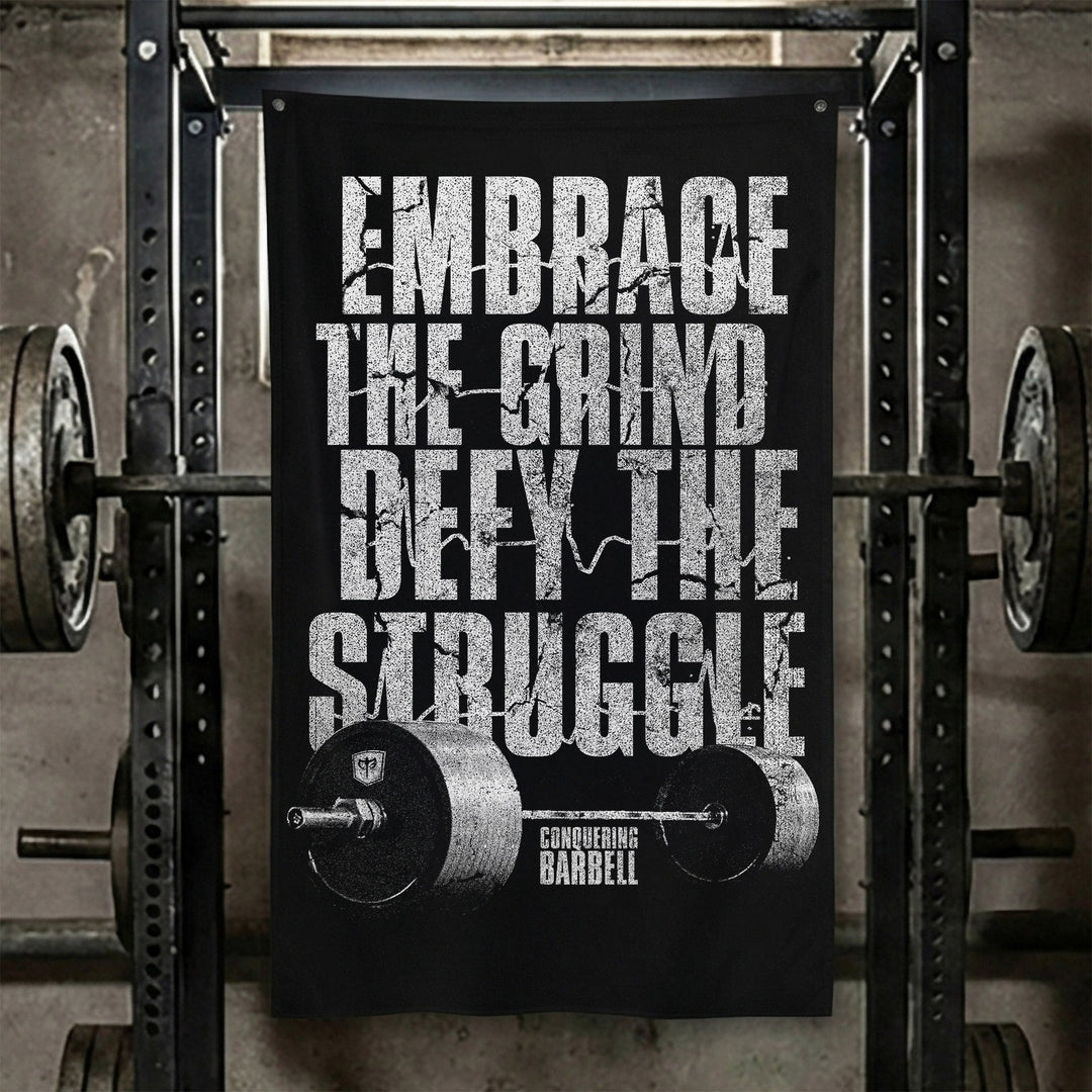 Embrace the Grind, Defy the Struggle - 3' x 5' Polyester Flag - Conquering Barbell