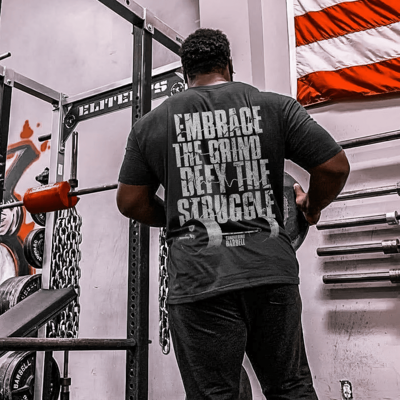 Embrace the Grind, Defy the Struggle - on Black Tee - Conquering Barbell