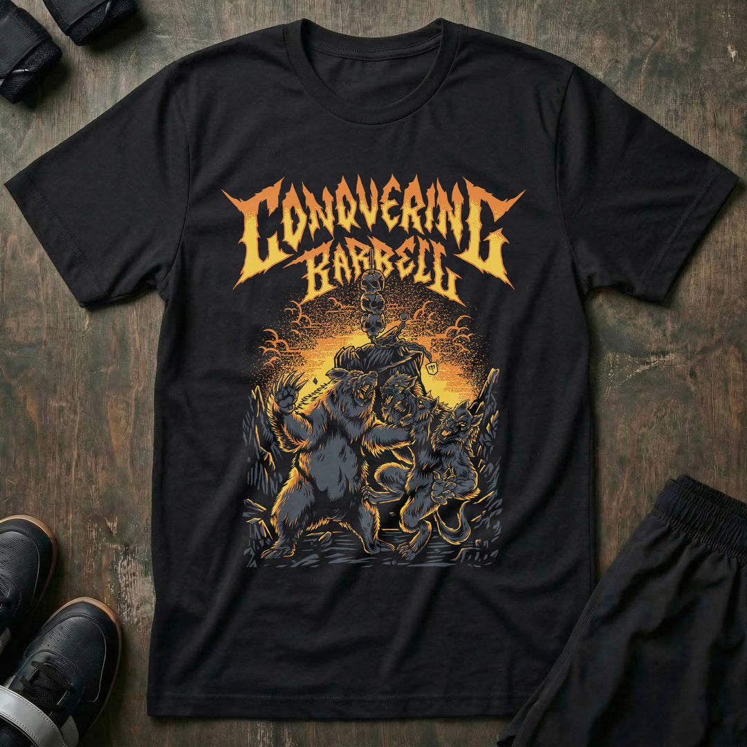 Epic Battle (Bear vs Cerberus) - on Black tee - Conquering Barbell