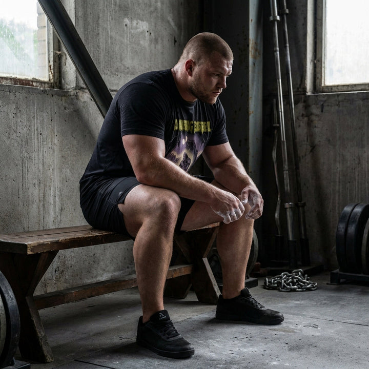 Eternal Deadlift tee in Black: a skeletal warlord ripping a barbell from the earth before shadowy castle gates