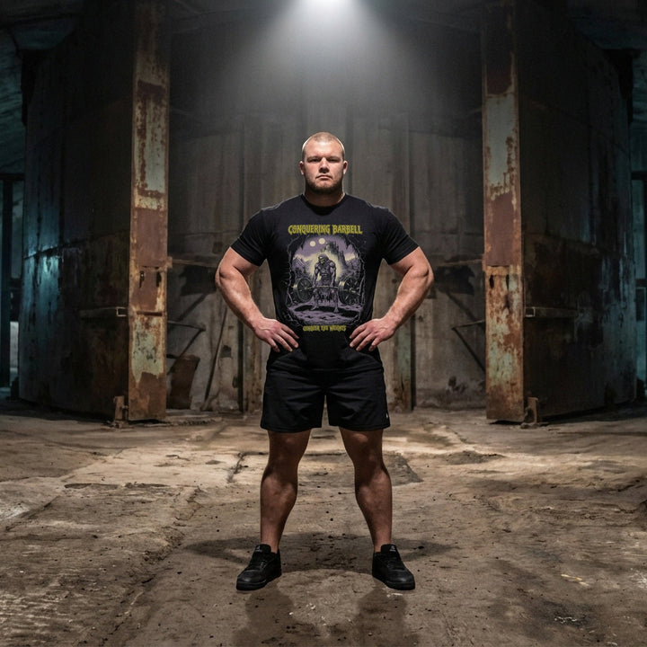 Eternal Deadlift tee in Black: a skeletal warlord ripping a barbell from the earth before shadowy castle gates