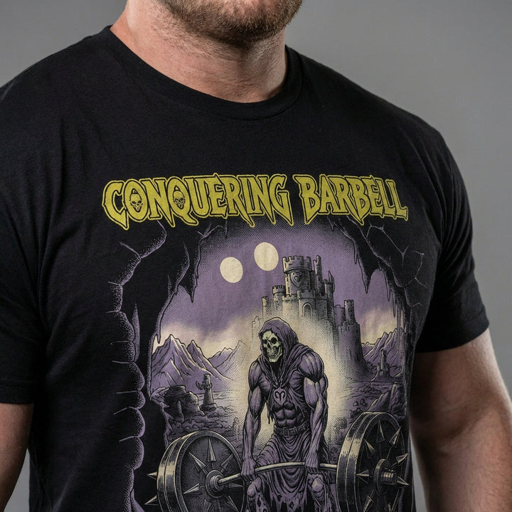 Eternal Deadlift tee in Black: a skeletal warlord ripping a barbell from the earth before shadowy castle gates