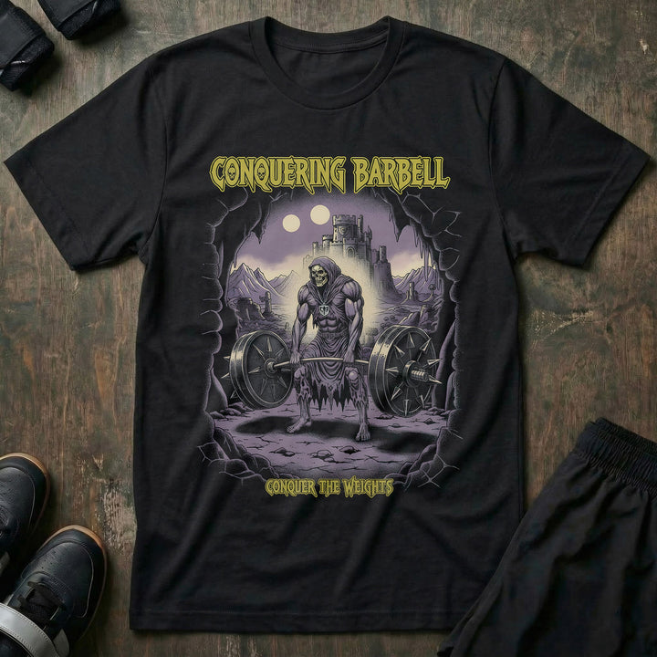 Eternal Deadlift tee in Black: a skeletal warlord ripping a barbell from the earth before shadowy castle gates