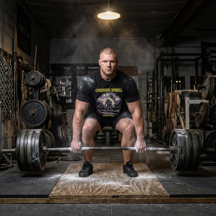 Eternal Deadlift tee in Black: a skeletal warlord ripping a barbell from the earth before shadowy castle gates