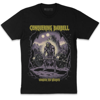 Conquering Barbell Eternal Deadlift t-shirt—skeletal warlord deadlifting before a fortress with ‘Conquer the Weights’ banner on black tee