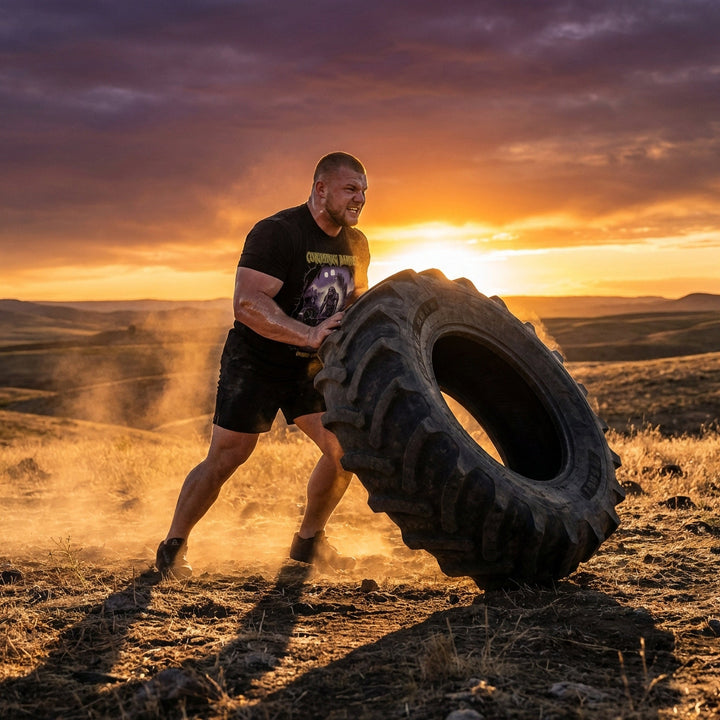 Eternal Deadlift tee in Black: a skeletal warlord ripping a barbell from the earth before shadowy castle gates