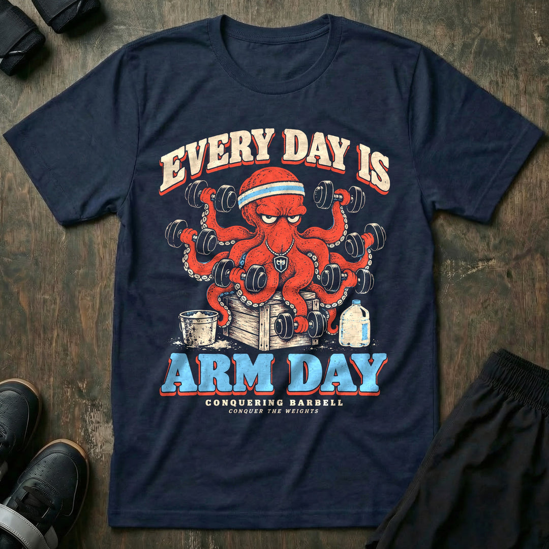 Every Day Is Arm Day - Tee front graphic in Navy with a red octopus curling a dumbbell in every arm - Conquering Barbell