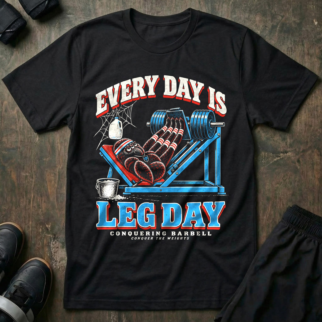 Every Day Is Leg Day - Tee front graphic in Black with a spider in striped socks on a loaded leg press - Conquering Barbell