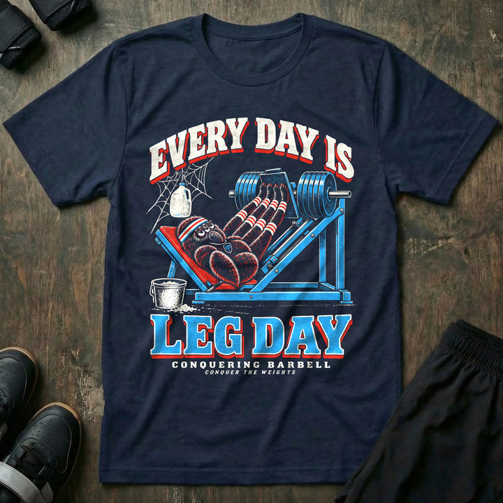 Every Day Is Leg Day - Tee front graphic in Navy with a spider in striped socks on a loaded leg press - Conquering Barbell