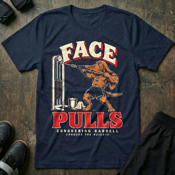 Face Pulls - Tee front graphic in Navy with a bloodhound doing face pulls at a cable machine with his face stretched by the rope - Conquering Barbell