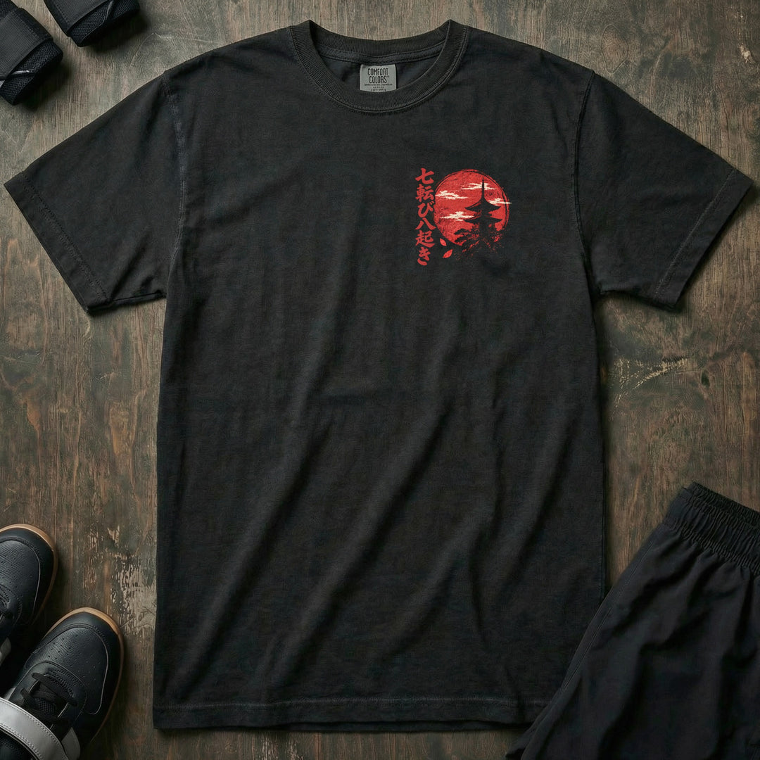 Fall Seven Rise Eight relaxed fit tee in Black, front with red moon and pagoda left chest print
