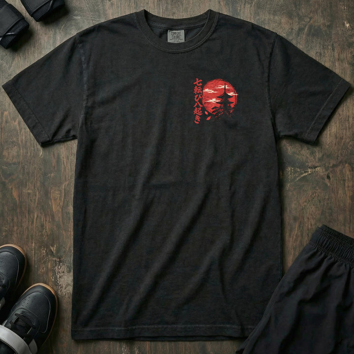 Fall Seven Rise Eight relaxed fit tee in Black, front with red moon and pagoda left chest print