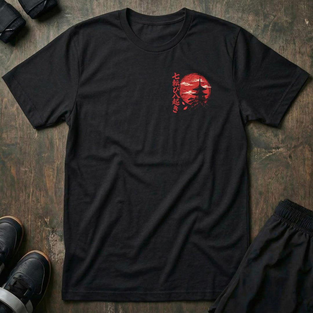 Fall Seven Rise Eight tee in Black, front with red moon and pagoda left chest print