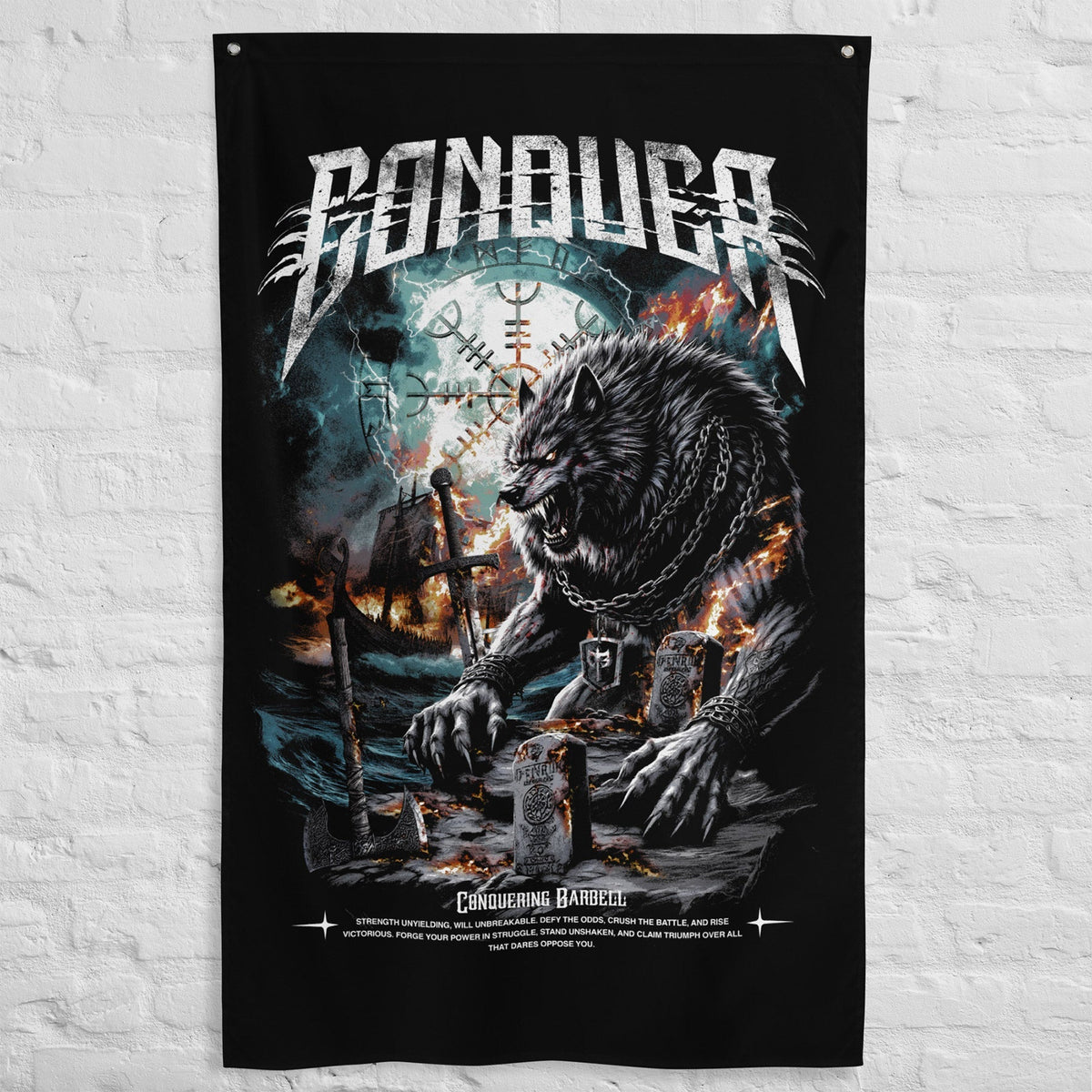 Fenrir - Polyester Flag, vertical gym flag hanging in a home gym - Conquering Barbell