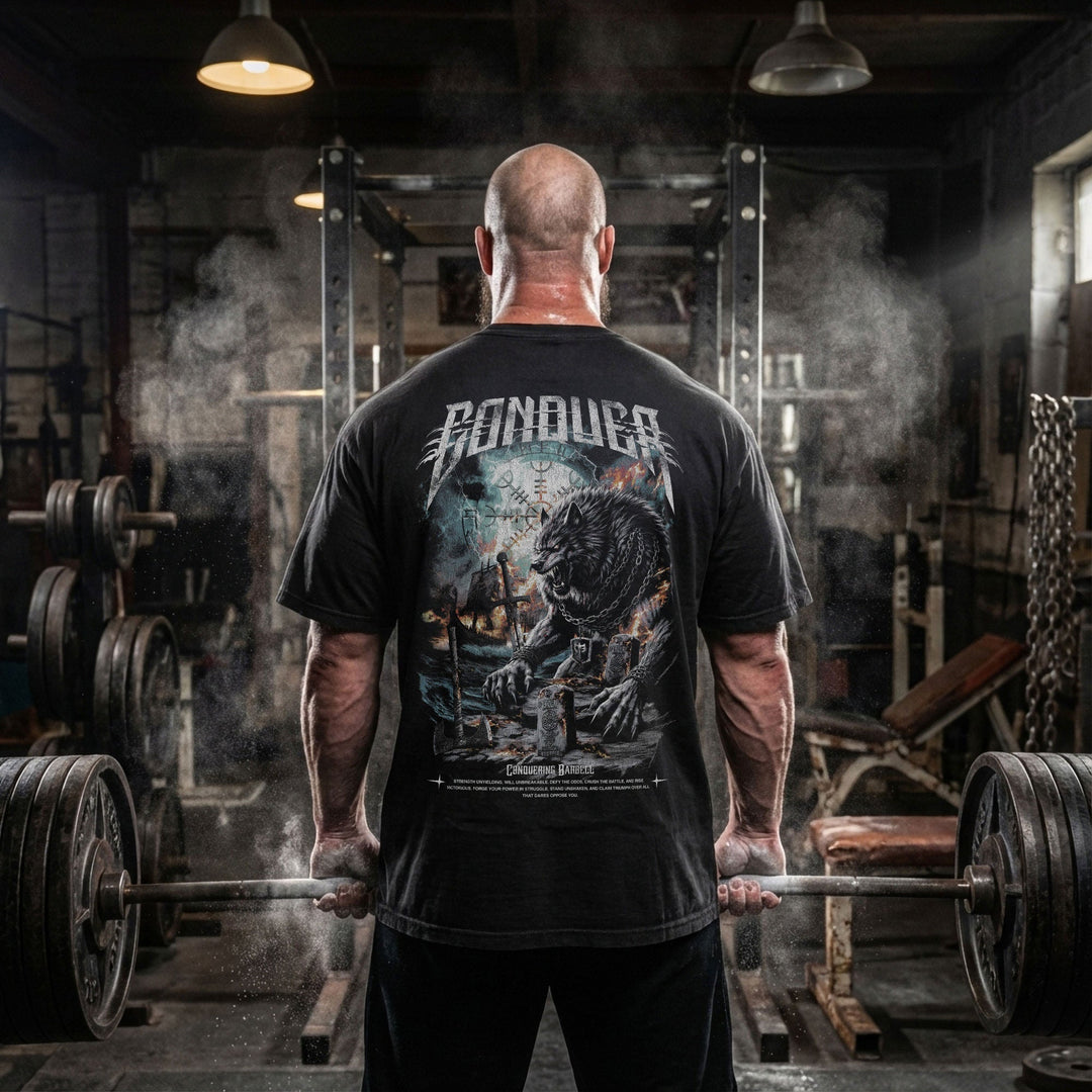 Fenrir relaxed fit tee in Black: an unstoppable wolf warrior standing amidst the ruins of battle