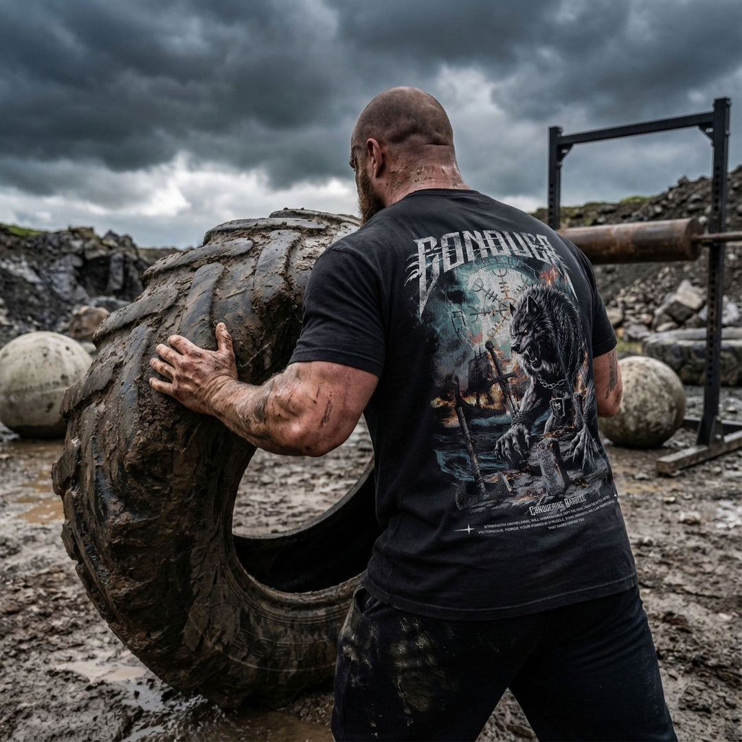 Fenrir relaxed fit tee in Black: an unstoppable wolf warrior standing amidst the ruins of battle